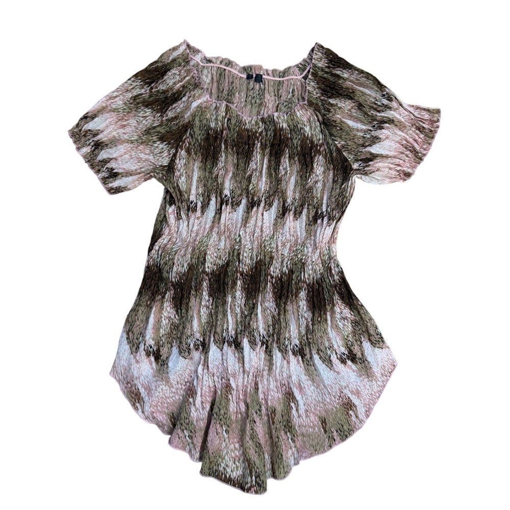 Vintage Y2K Pink Brown‎ Abstract Crinkle Top Handkerchief Hem Large fairy boho